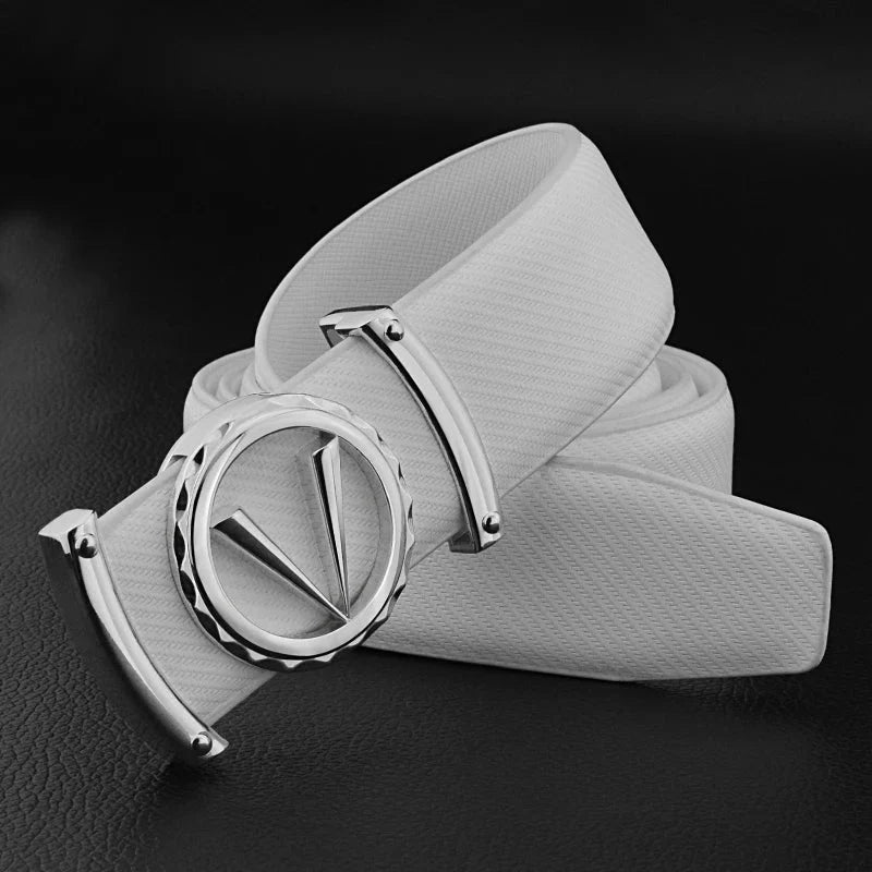 SHOWLU FASHION men's V letter designer belt in white split leather, 3.3cm wide, featuring high-quality genuine cowhide leather.