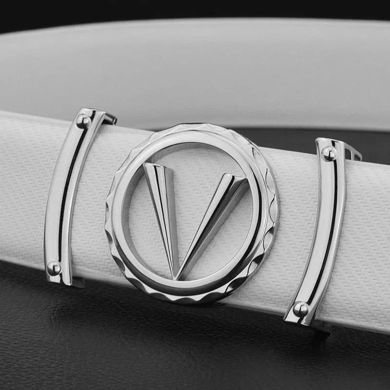 SHOWLU FASHION men's V letter designer belt in white split genuine leather, 3.3cm wide, stylish high-quality waist strap for men