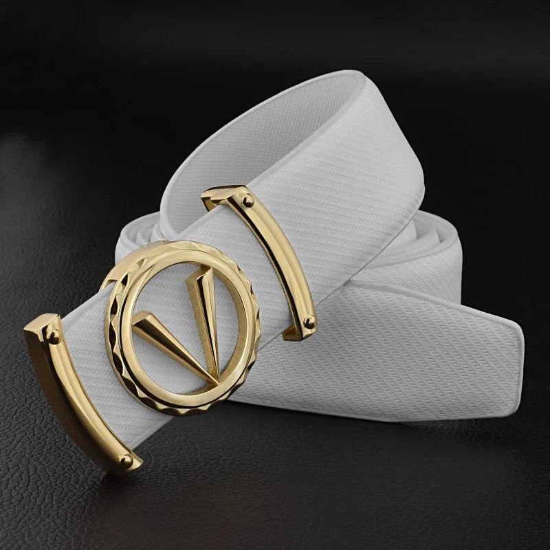 SHOWLU FASHION men's V letter designer belt in white split leather, 3.3cm wide, high-quality genuine cowhide waist strap for men.