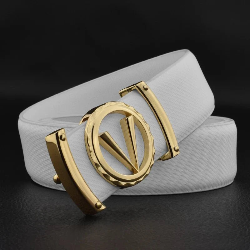 SHOWLU FASHION men's V letter designer belt in white split leather, 3.3cm wide, featuring a luxury high-quality genuine leather finish.