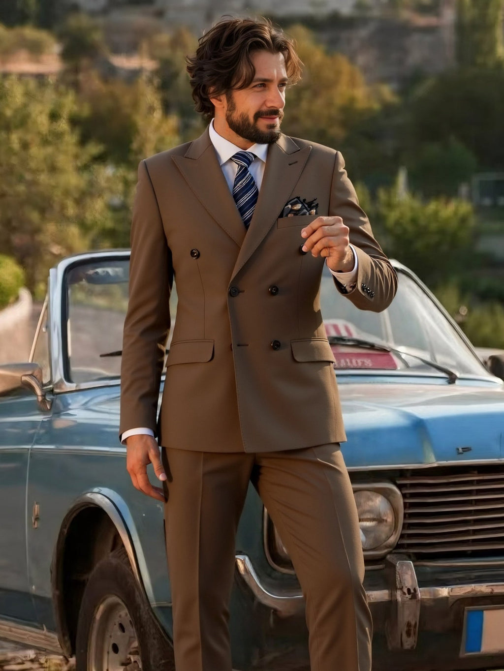 SHOWLU Men's double-breasted slim fit tuxedo suit with peak lapel, stylish formal 2-piece outfit for special occasions