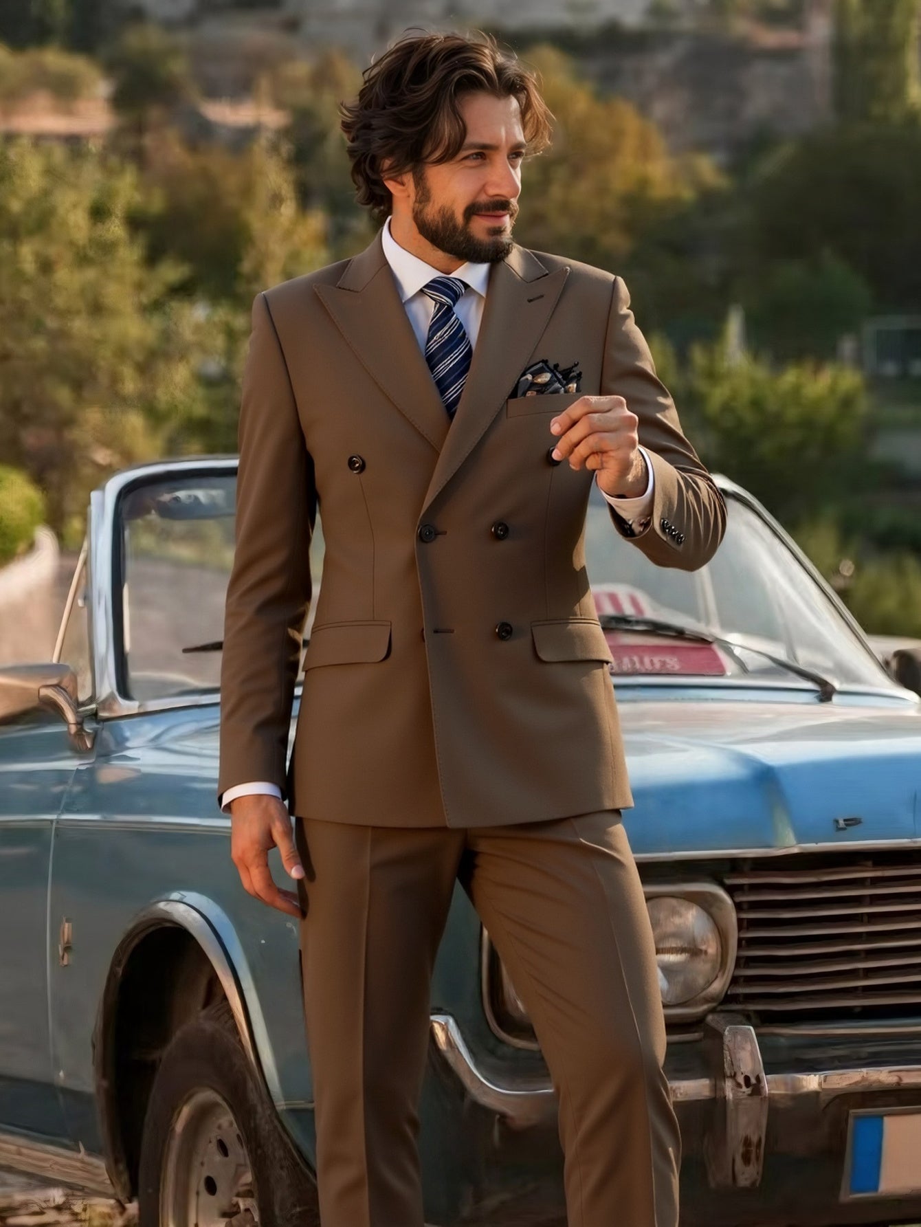 SHOWLU Men's double-breasted slim fit tuxedo suit with peak lapel, stylish formal 2-piece outfit for special occasions