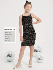 Girls Sparkling Black Sequin Velvet Bodycon Mini Dress with Bow - Spaghetti Strap Party Dress for Dance Recitals, Birthdays & Special Occasions, Birthday Celebration Outfit | Sleek Silhouette Design, Dresses for Girls