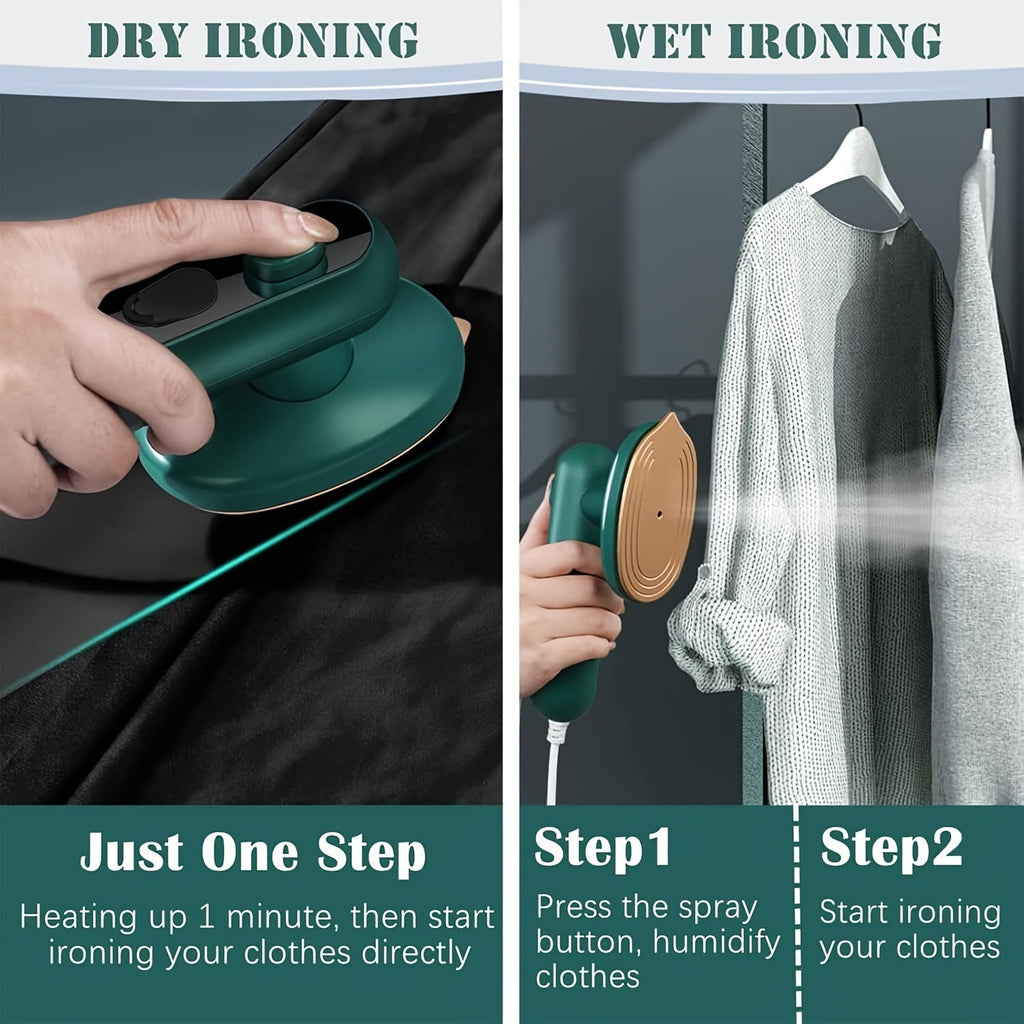 SHOWLU Portable Handheld Travel Steamer Iron with 180° rotatable metal soleplate, compact design for easy fabric steaming.