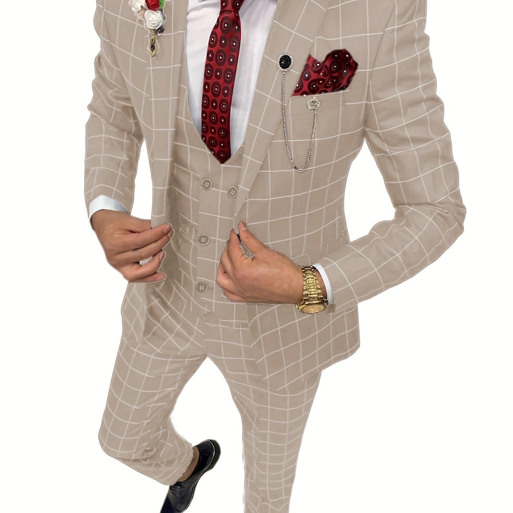 SHOWLU FASHION men's 3-piece slim fit plaid suit with peak lapel tuxedo, featuring tailored jacket, vest, and matching trousers.