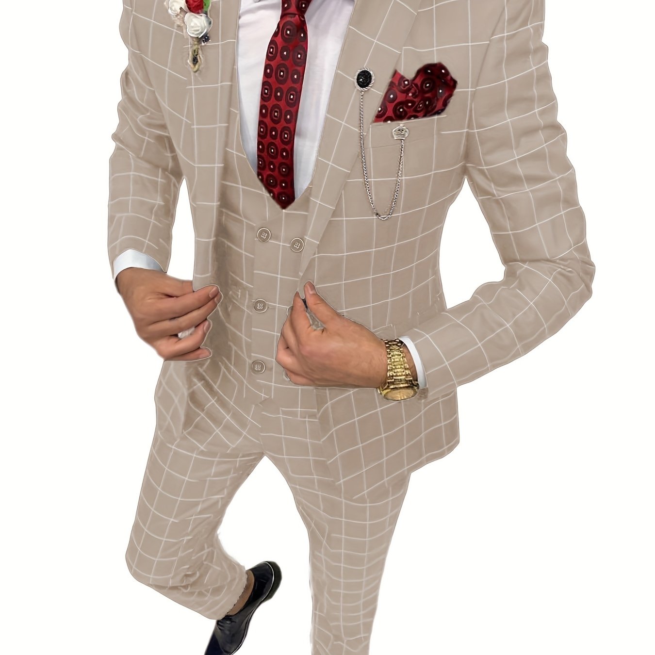 SHOWLU FASHION men's 3-piece slim fit plaid suit with peak lapel tuxedo, featuring tailored jacket, vest, and matching trousers.