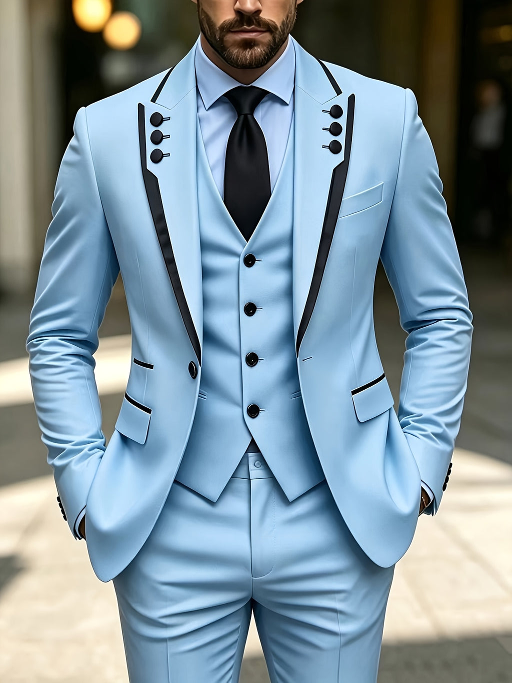 Men's black lapel fringed 3-piece suit set by Showlu Smart General, featuring formal and festival dress styles for weddings or parties.