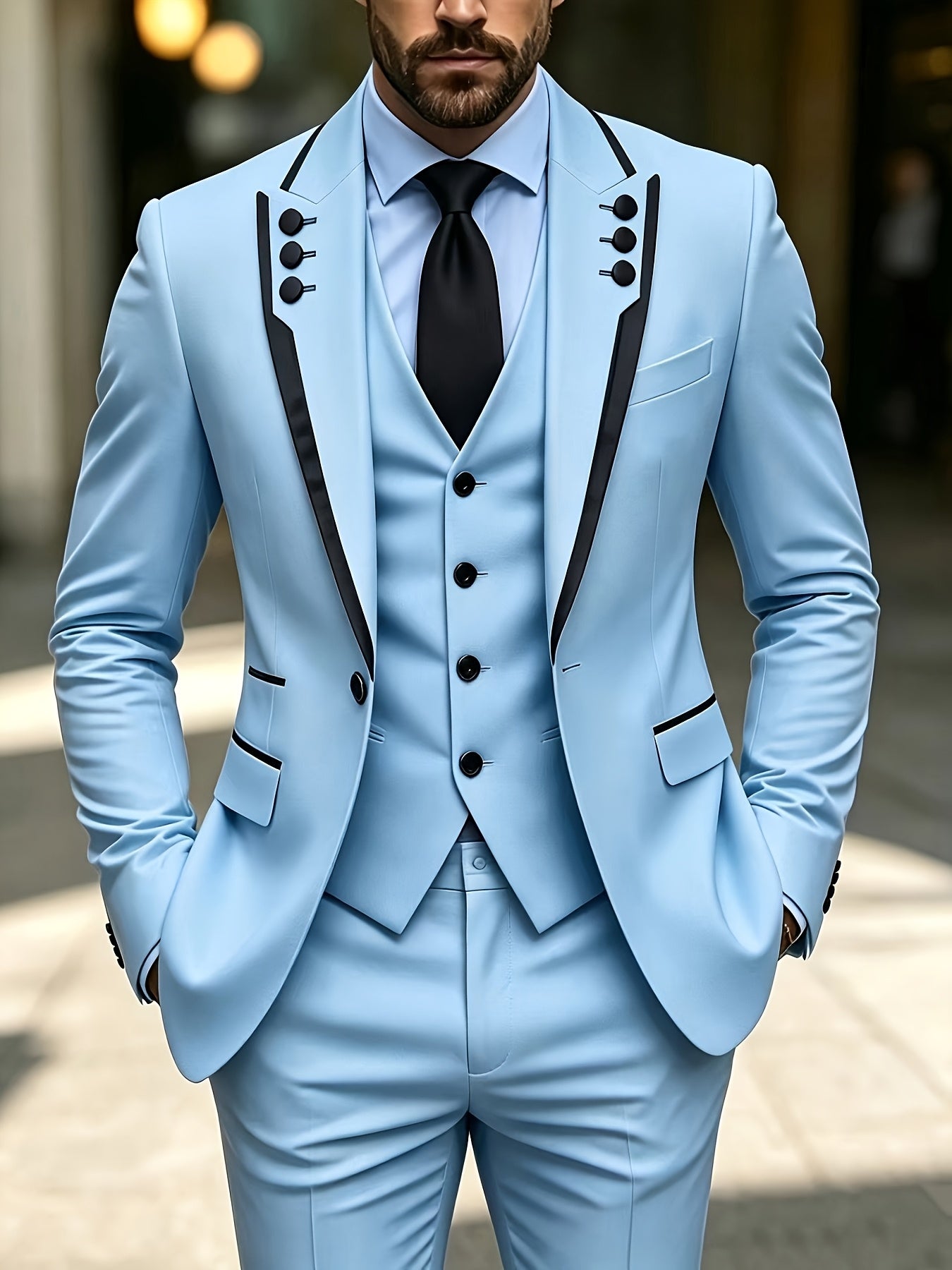 Men's black lapel fringed 3-piece suit set by Showlu Smart General, featuring formal and festival dress styles for weddings or parties.