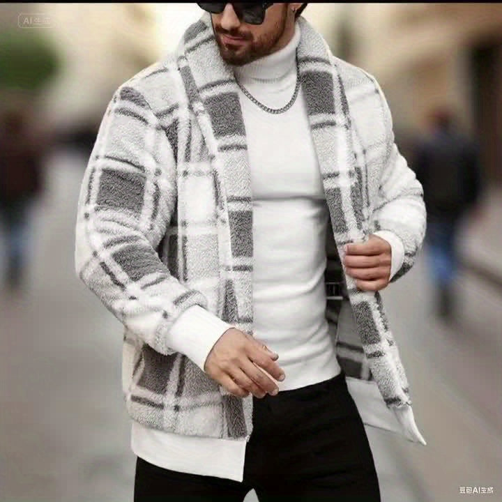 Men's black and yellow checkered plush fleece jacket by SHOWLU FASHION STORE, featuring soft thermal fabric and cozy winter style.