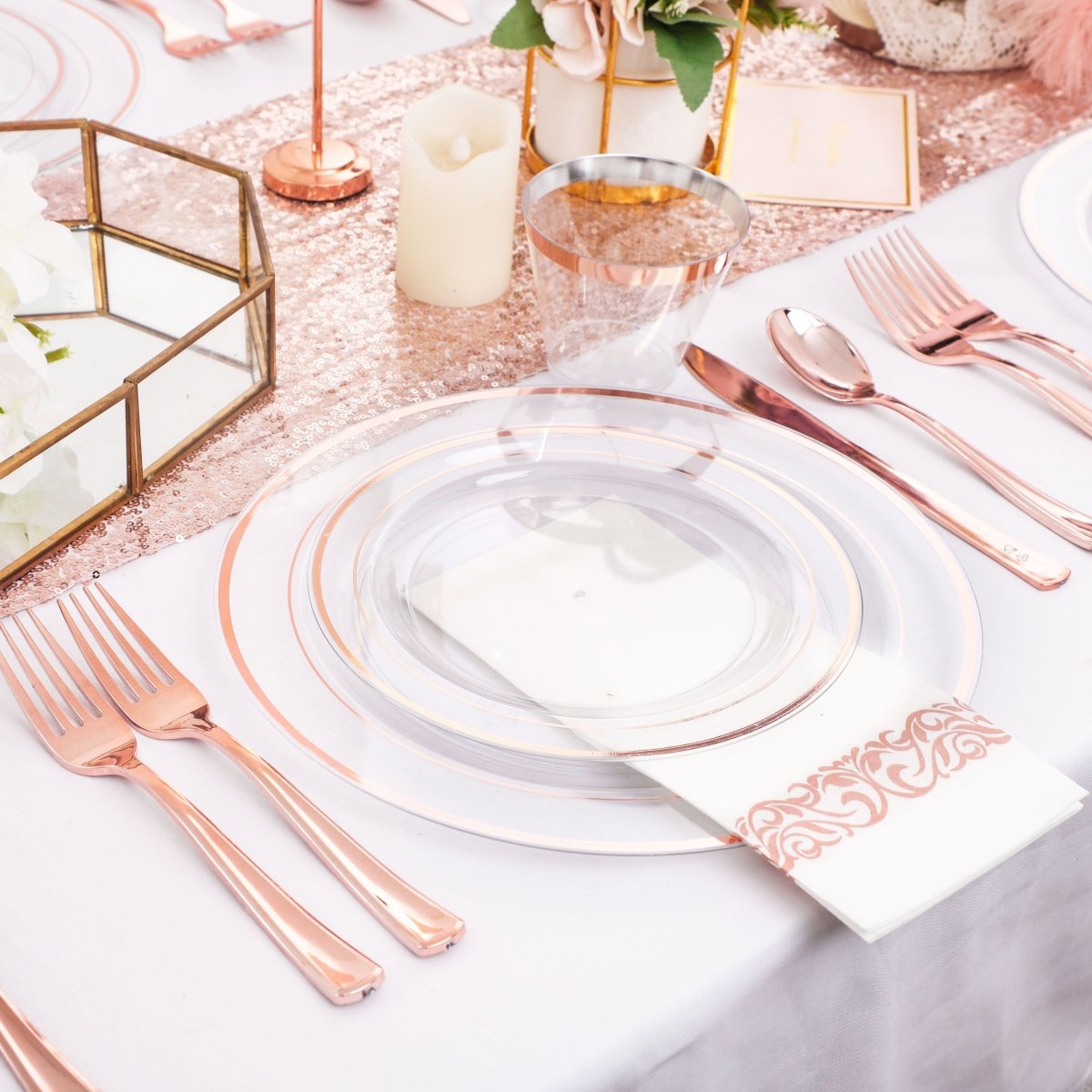 Rose gold plastic dinnerware set by DaYammi, includes plates, cups, and cutlery for 350-piece disposable tableware.