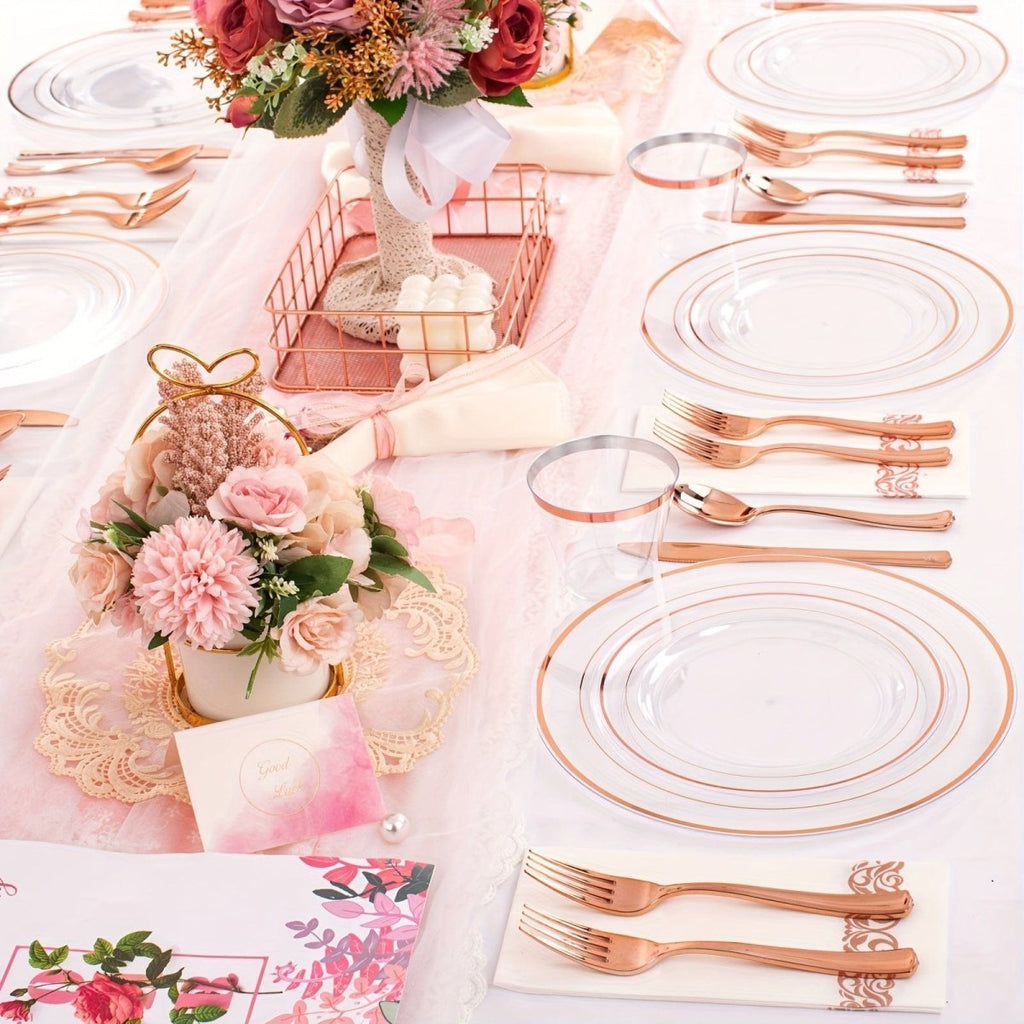 Rose gold plastic dinnerware set by DaYammi, includes plates, cups, and cutlery for parties or events.