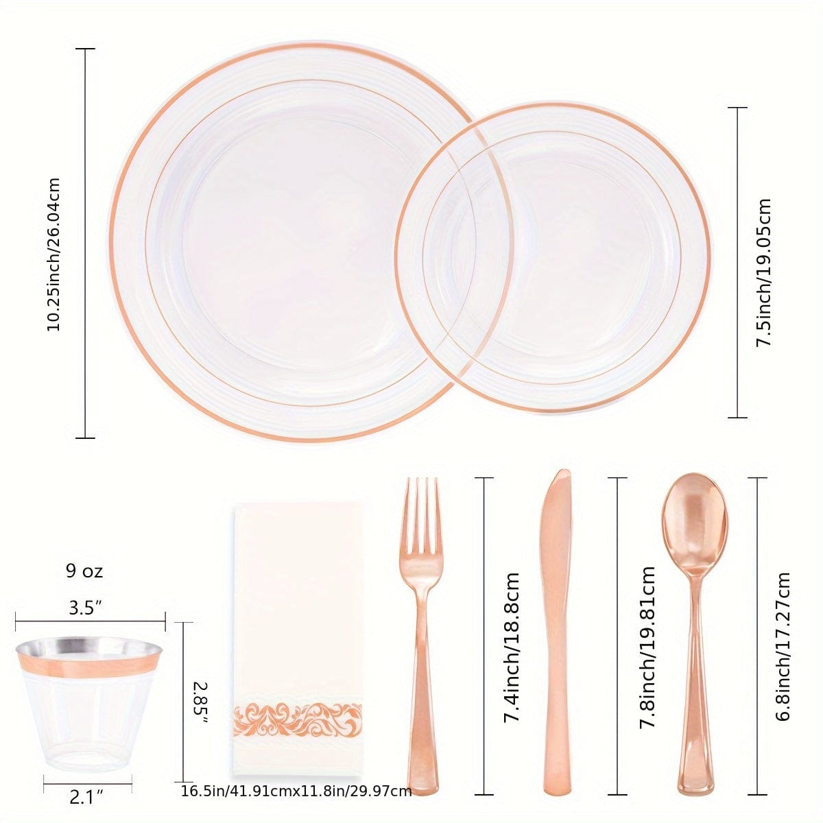 DaYammi 350-piece Rose Gold plastic dinnerware set including plates, cups, cutlery, and napkins for elegant dining.