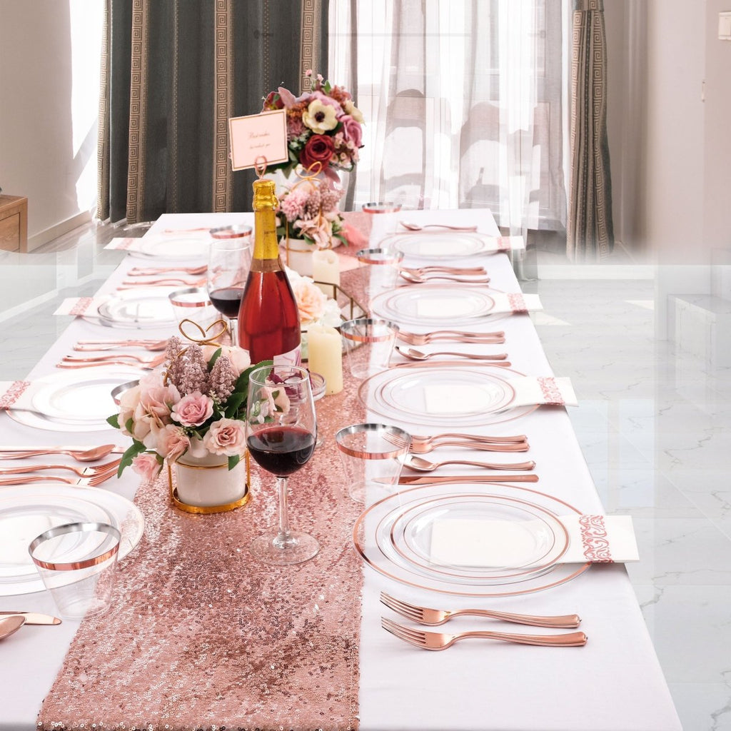 DaYammi 350pc Rose Gold plastic dinnerware set includes plates, cups, and cutlery for elegant dining occasions.