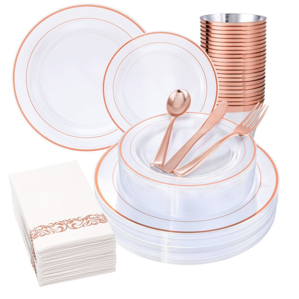 DaYammi 350-piece rose gold plastic dinnerware set includes plates, cups, and cutlery for elegant dining.