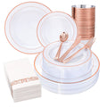 DaYammi 350-piece rose gold plastic dinnerware set includes plates, cups, and cutlery for elegant dining.