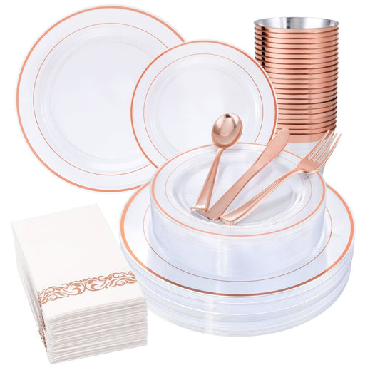 350 Pcs Rose Gold Plates, Rose Gold Dinnerware Set Include: 50 Dinner Plates 10.25 inch, 50 Dessert Plates 7.5 inch, 50 Rose Gold Cutlery set, 50 Disposable Cups 9 OZ with 50 Napkins for Party and Wedding - SHOWLU FASHION STORE