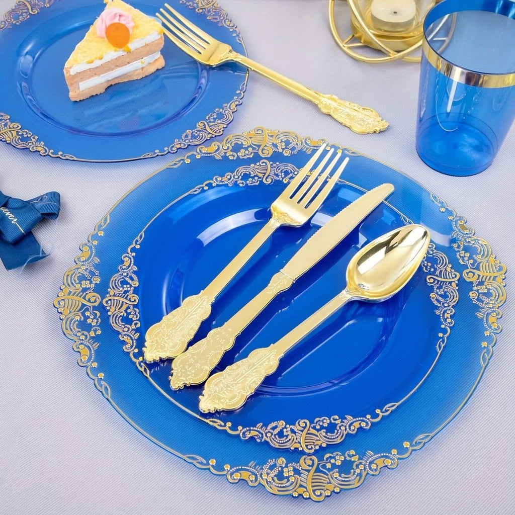 Blue plastic dinnerware set with 50 plates, cups, napkins, and gold silverware for 50 guests, perfect for parties and weddings.