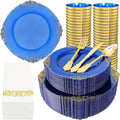 Showlu 350-piece blue and gold plastic dinnerware set with plates, cups, silverware, and napkins for 50 guests at parties.