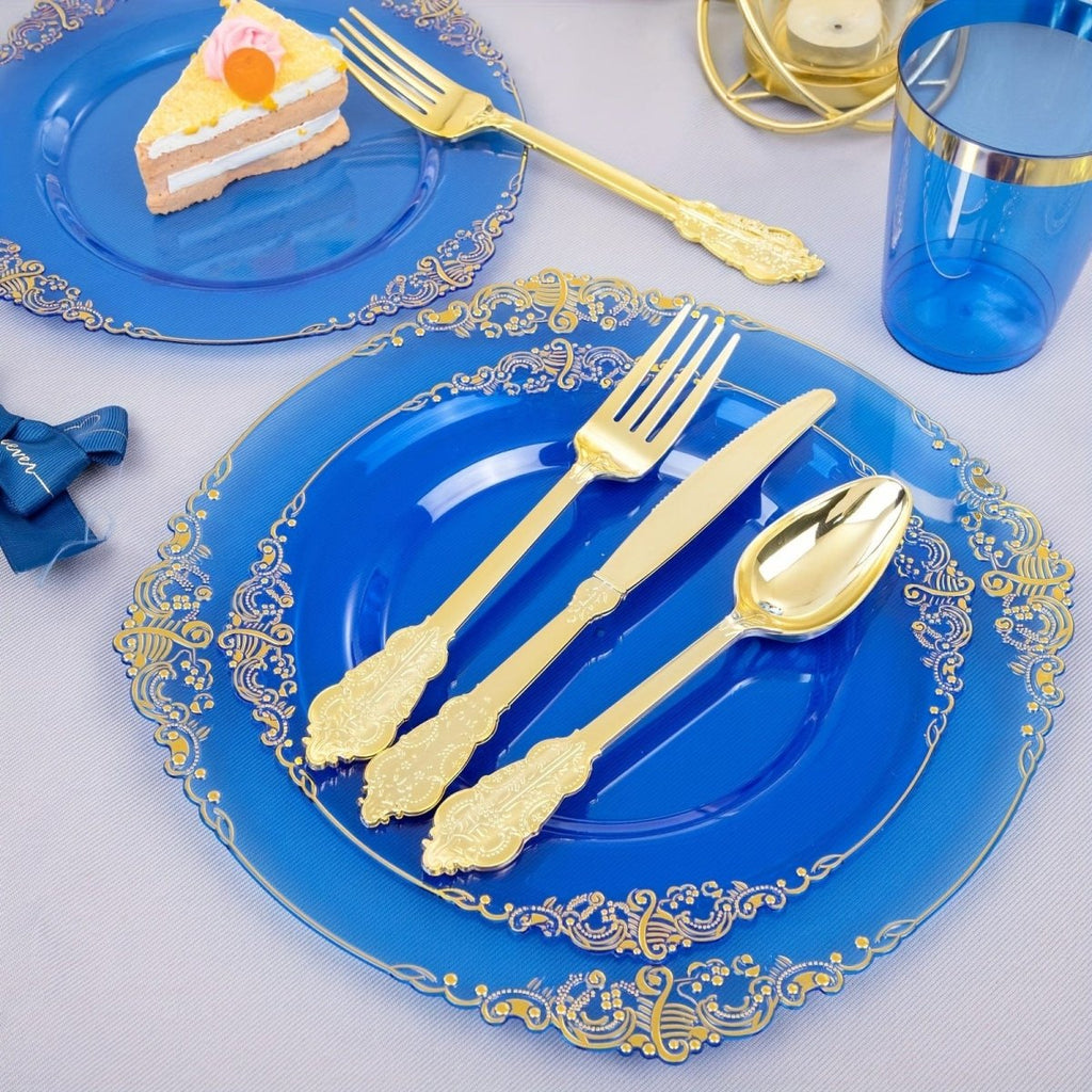Set of 350 blue plastic plates and dinnerware for 50 guests, including cups, napkins, and gold silverware for weddings and parties.
