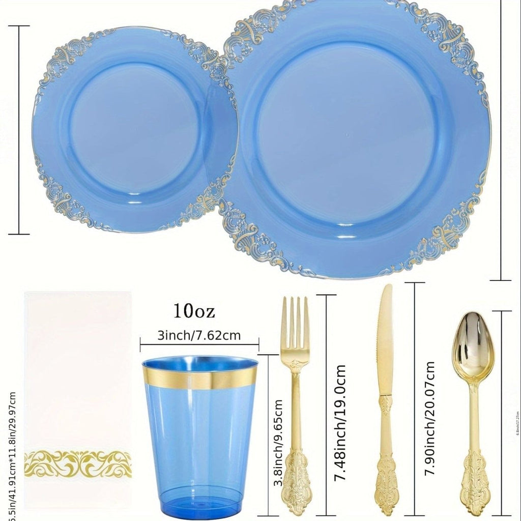 Blue plastic dinnerware set including 50 guest plates, cups, napkins, and gold silverware for parties and events