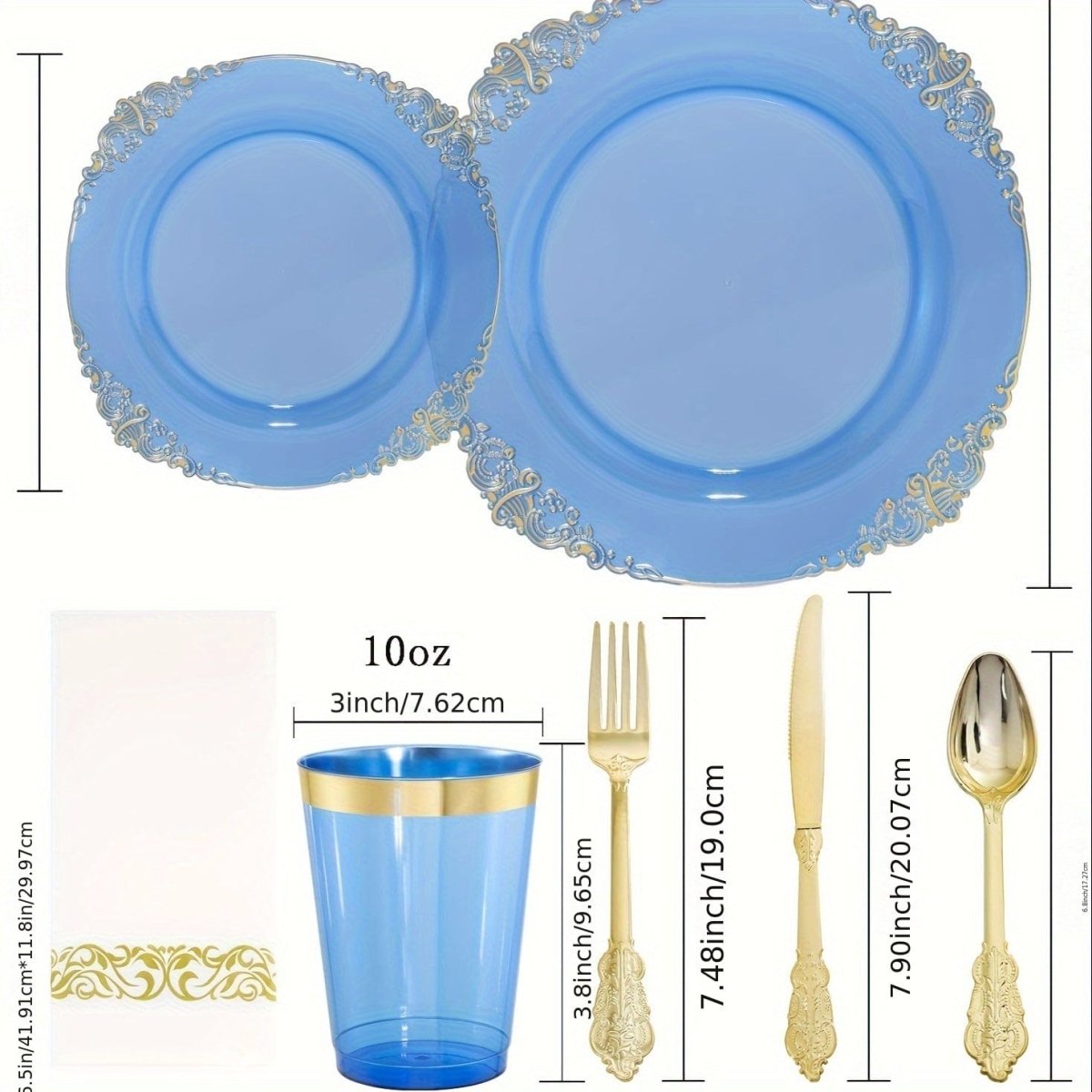 Blue plastic dinnerware set including 50 guest plates, cups, napkins, and gold silverware for parties and events