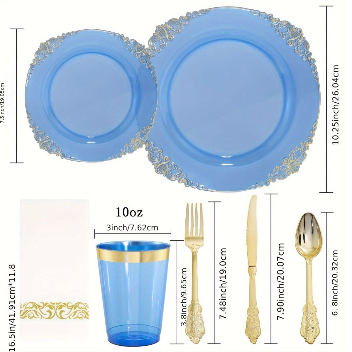 Set of 350 blue plastic plates, cups, napkins, and gold silverware for 50 guests, ideal for wedding dinnerware and parties.