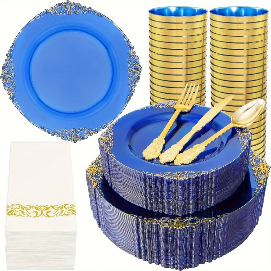 Blue plastic dinnerware set with 50 plates, cups, napkins, and gold silverware for 50 guests, perfect for parties and weddings.