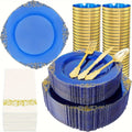 Blue plastic dinnerware set with 50 plates, cups, napkins, and gold silverware for 50 guests, perfect for parties and weddings.