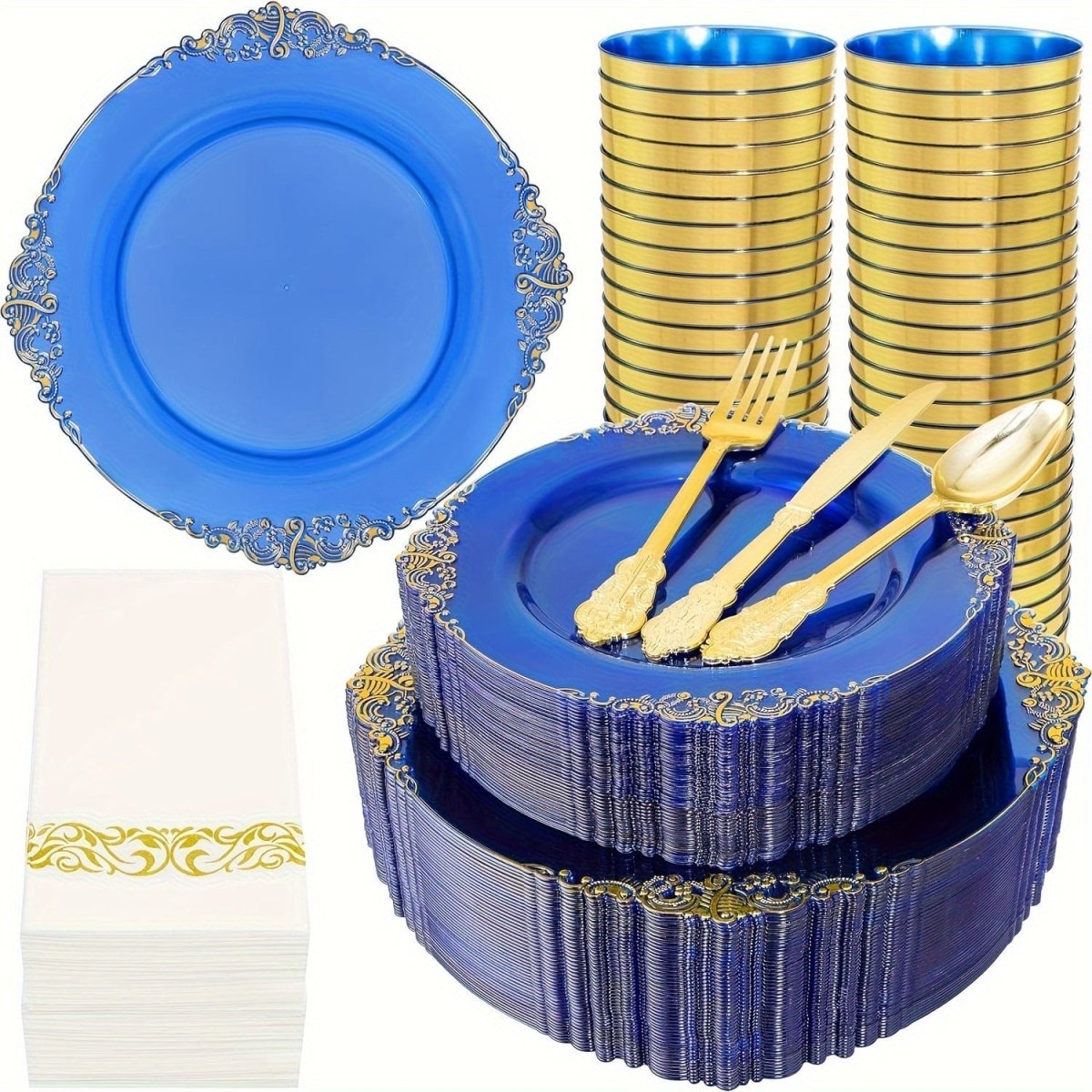 Blue plastic dinnerware set with 50 plates, cups, napkins, and gold silverware for 50 guests, perfect for parties and weddings.