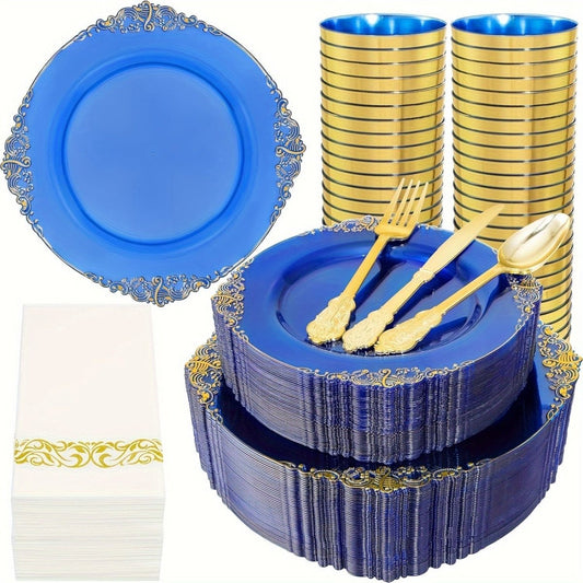 350PCS Blue Plastic Plates - Blue Plastic Dinnerware Sets For 50 Guests - 100 Blue Disposable Party Plates, 150Gold Plastic Silverware, 50Cups, 50Napkins For Wedding & Party - SHOWLU FASHION STORE