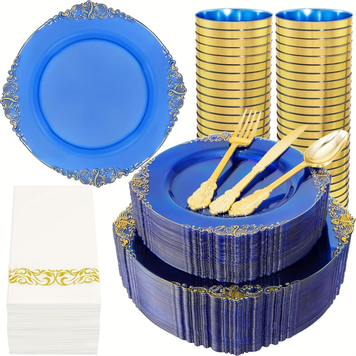 Set of 350 blue plastic dinner plates, cups, napkins, and gold plasticware for 50 guests, ideal for wedding or party use.