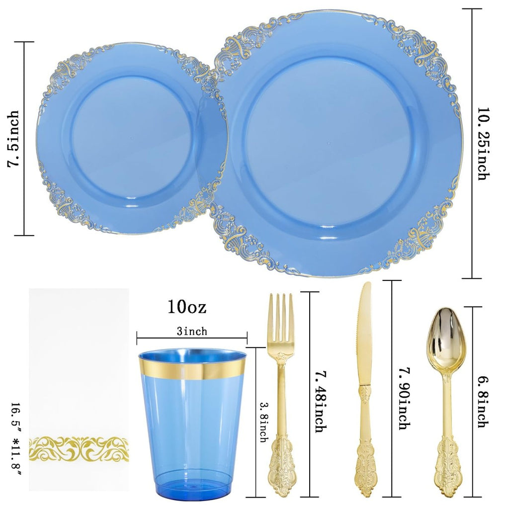 Showlu 350-piece blue and gold plastic dinnerware set with plates, cups, silverware, and napkins for 50 guests, ideal for parties.