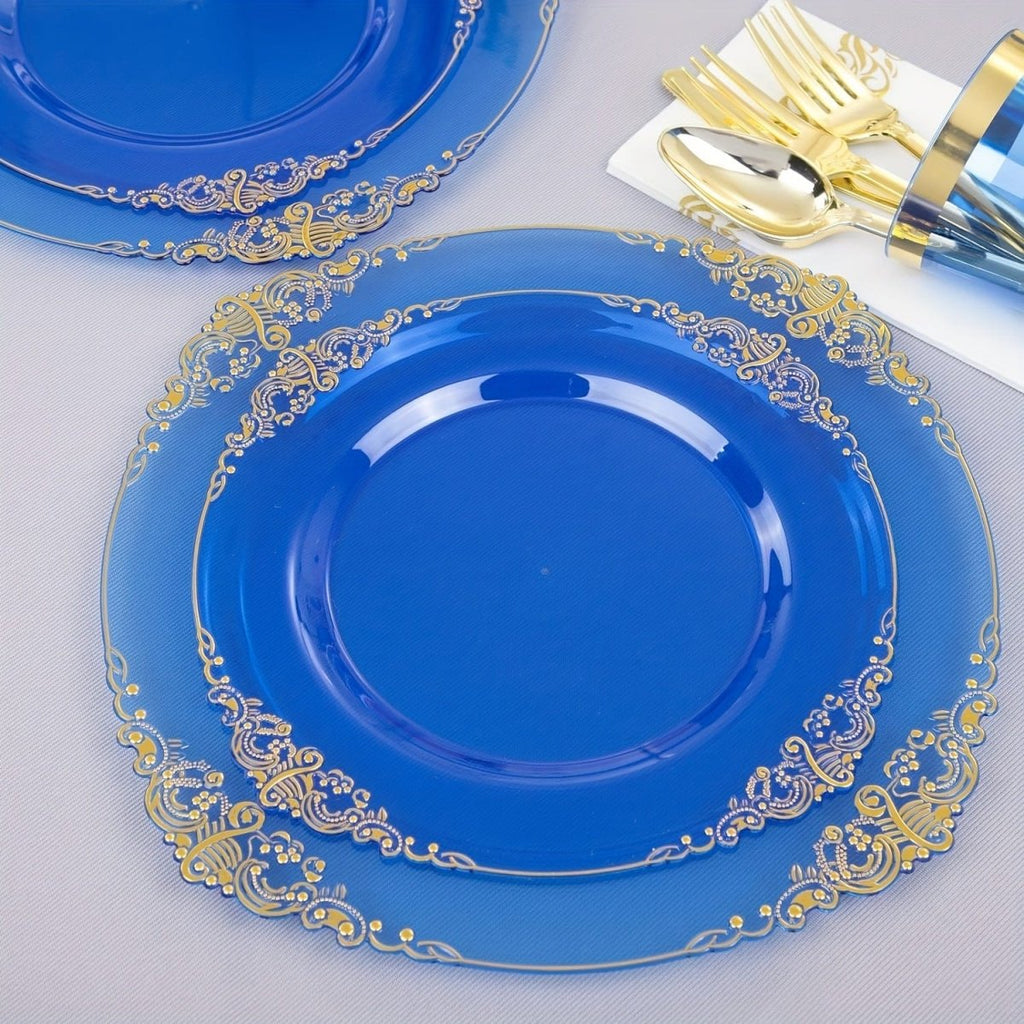 Blue plastic dinnerware set including 50 plates, cups, napkins, and gold silverware for 50 guests at parties and events.