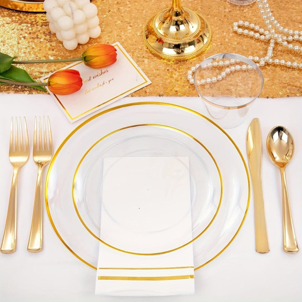 Showlu Fashion Store gold plastic cutlery and dinnerware set for 50 guests, including plates, cups, napkins, and utensils.