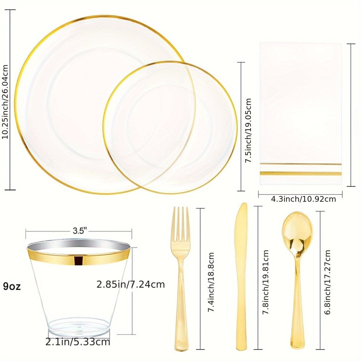 Showlu Fashion Store WDF 350-piece gold plastic cutlery and dinnerware set with plates, cups, napkins for 50 guests, clear and gold design