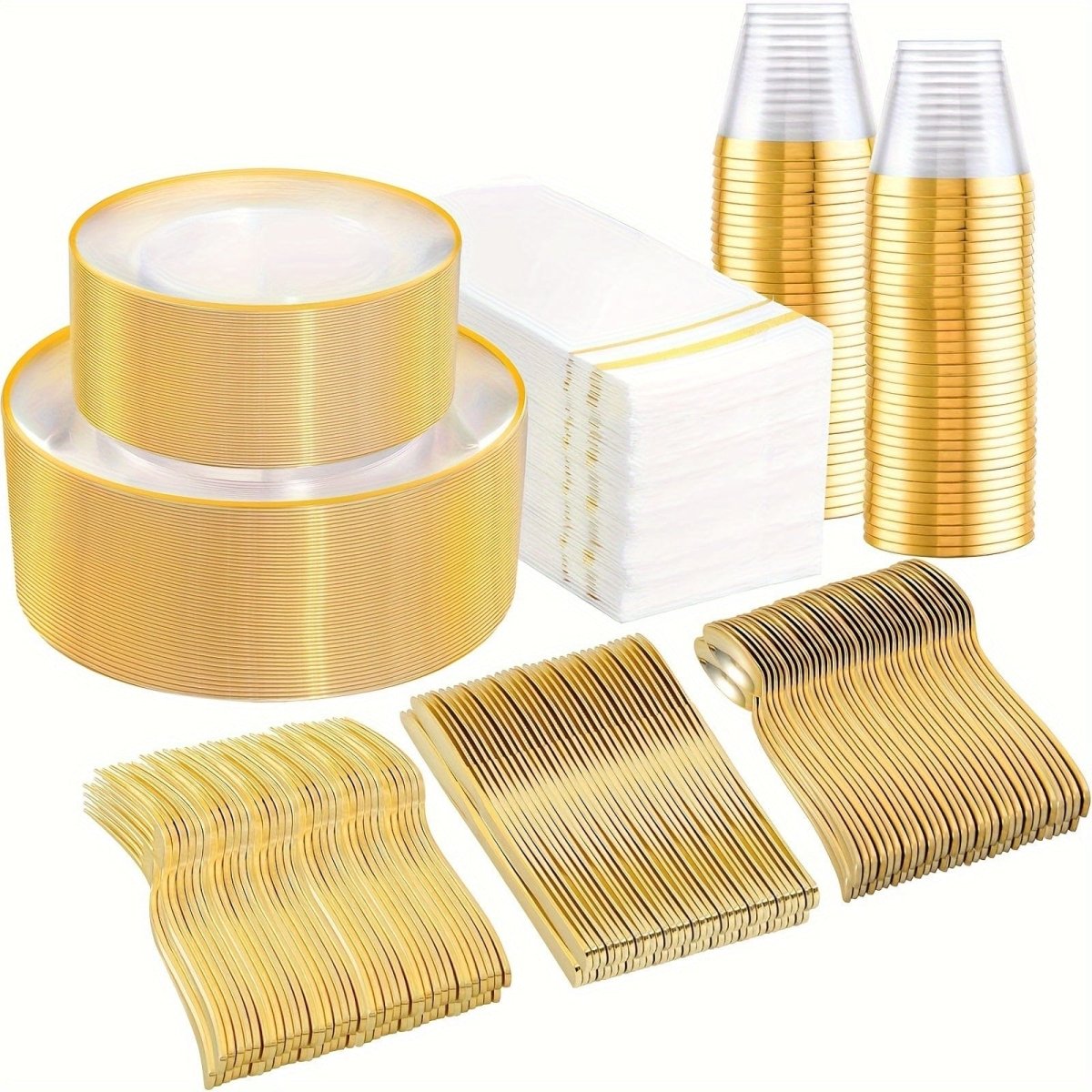 Showlu Fashion Store 350-piece gold plastic cutlery and dinnerware set for 50 guests, includes plates, cups, cutlery, and napkins.