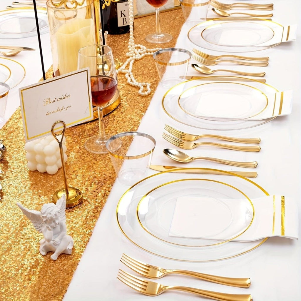 Showlu Fashion Store WDF 350-piece gold plastic cutlery and dinnerware set with plates, cups, and napkins for 50 guests.