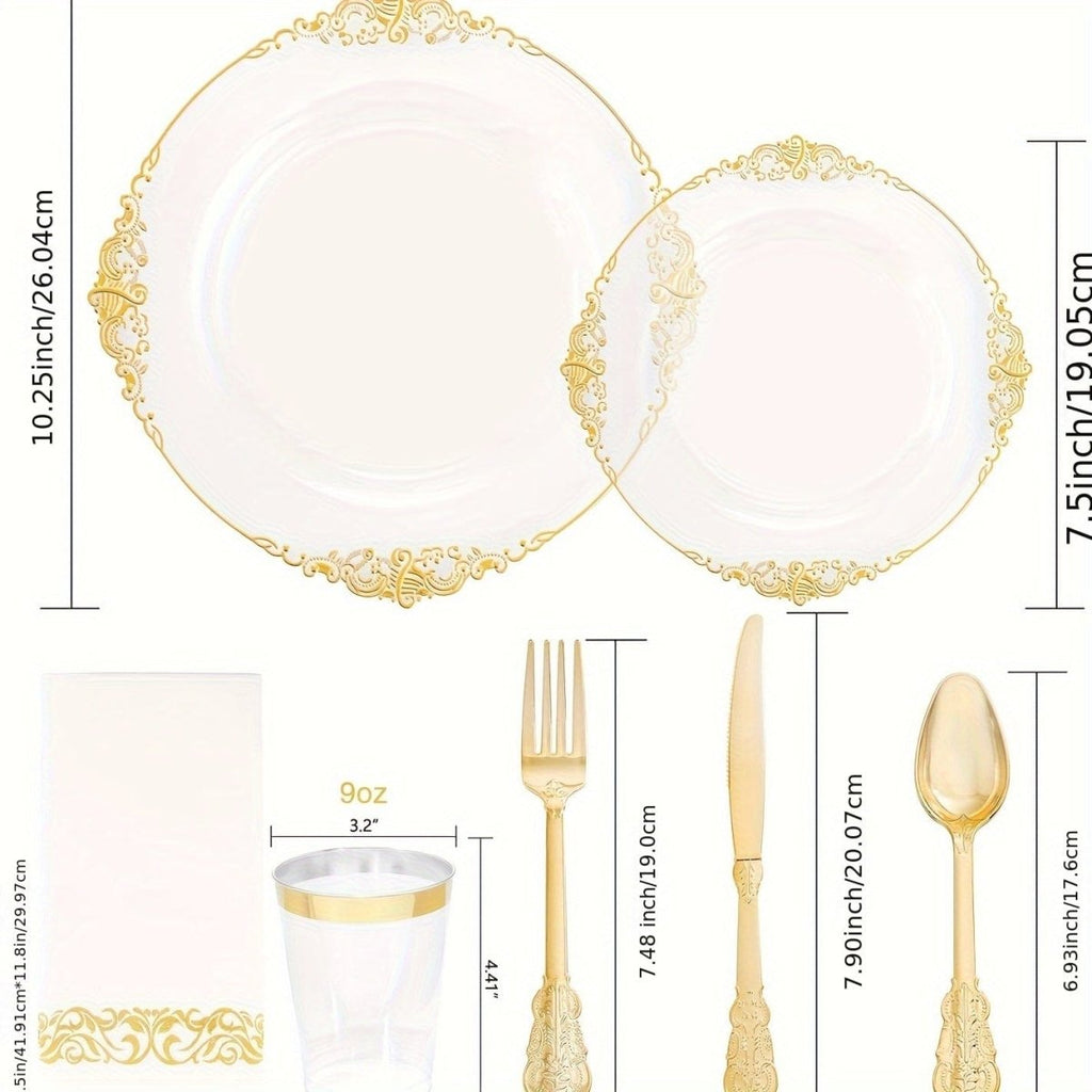 Showlu Fashion Store Nervure 350pc gold plastic dinnerware set with disposable plates, cups, silverware, and napkins for 50 guests.