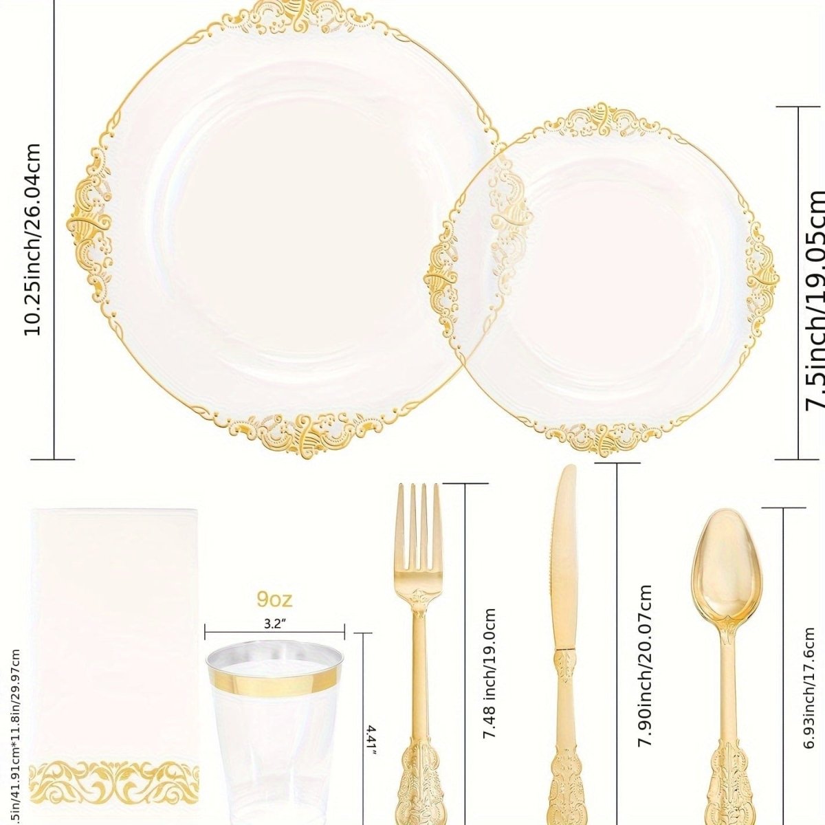 Showlu Fashion Store Nervure 350pc gold plastic dinnerware set with disposable plates, cups, silverware, and napkins for 50 guests.