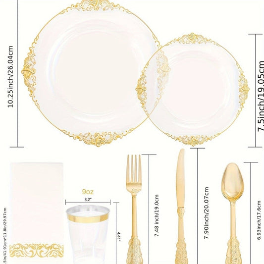 350PCS Clear Gold Plastic Plates - Gold Plastic Dinnerware Sets for 50 Guests - 100 Gold Disposable Plates, 150 Gold Plastic Silverware, 50 Cups, 50 Napkins for Wedding & Party - SHOWLU FASHION STORE