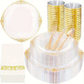 Showlu Fashion Store Nervure 350-piece gold plastic dinnerware set with disposable plates, cups, silverware, and napkins for 50 guests.