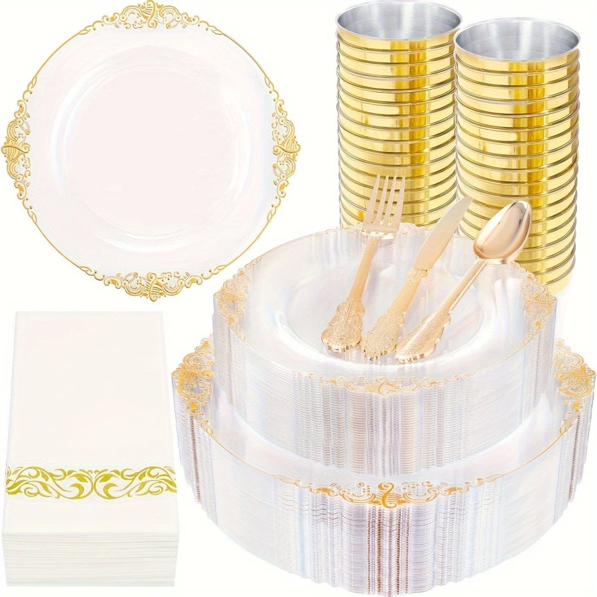 Showlu Fashion Store Nervure 350-piece gold plastic dinnerware set with disposable plates, cups, silverware, and napkins for 50 guests.