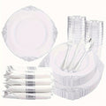 Liacere 350-piece silver plastic dinnerware set with plates, cups, silverware, and napkins for 50 guests.