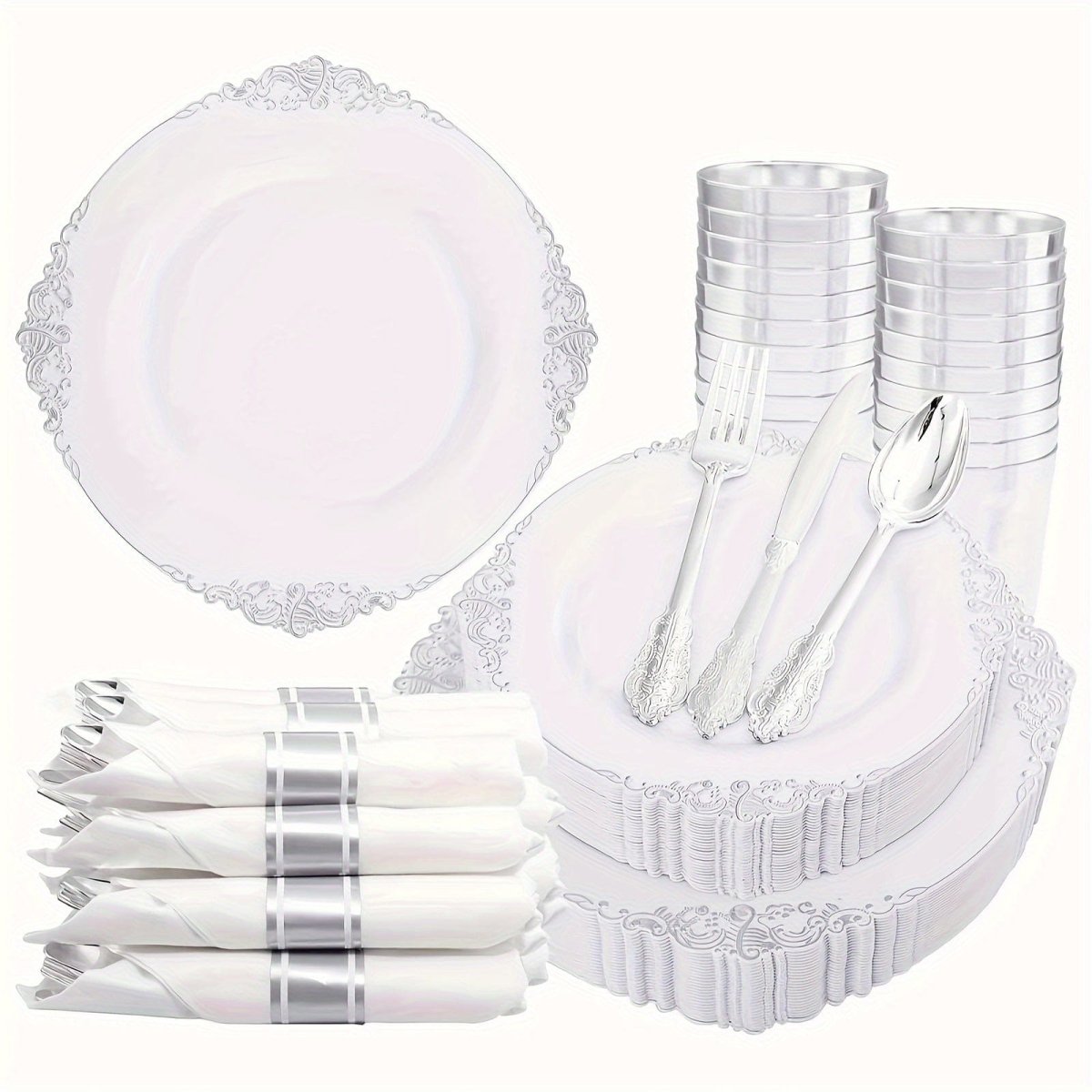 Liacere 350-piece silver plastic dinnerware set with plates, cups, silverware, and napkins for 50 guests.