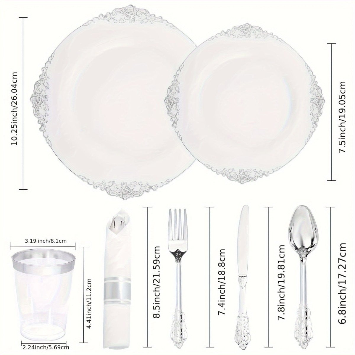 Liacere 350-piece silver plastic dinnerware set with plates, cups, silverware, and napkins for 50 guests.