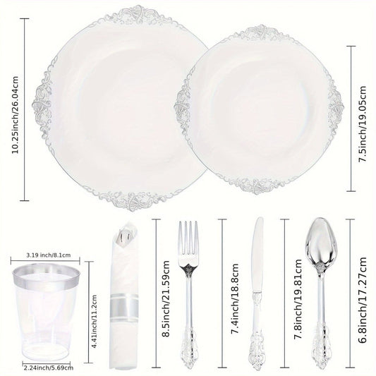 350PCS Silver Plastic Plates&Pre Rolled Napkins for 50 Guests, Plastic Dinerware Set 100 Silver Disposable Plates, 150 Silver Silverware, 50Cups and 50Napkins for Wedding&Party - SHOWLU FASHION STORE