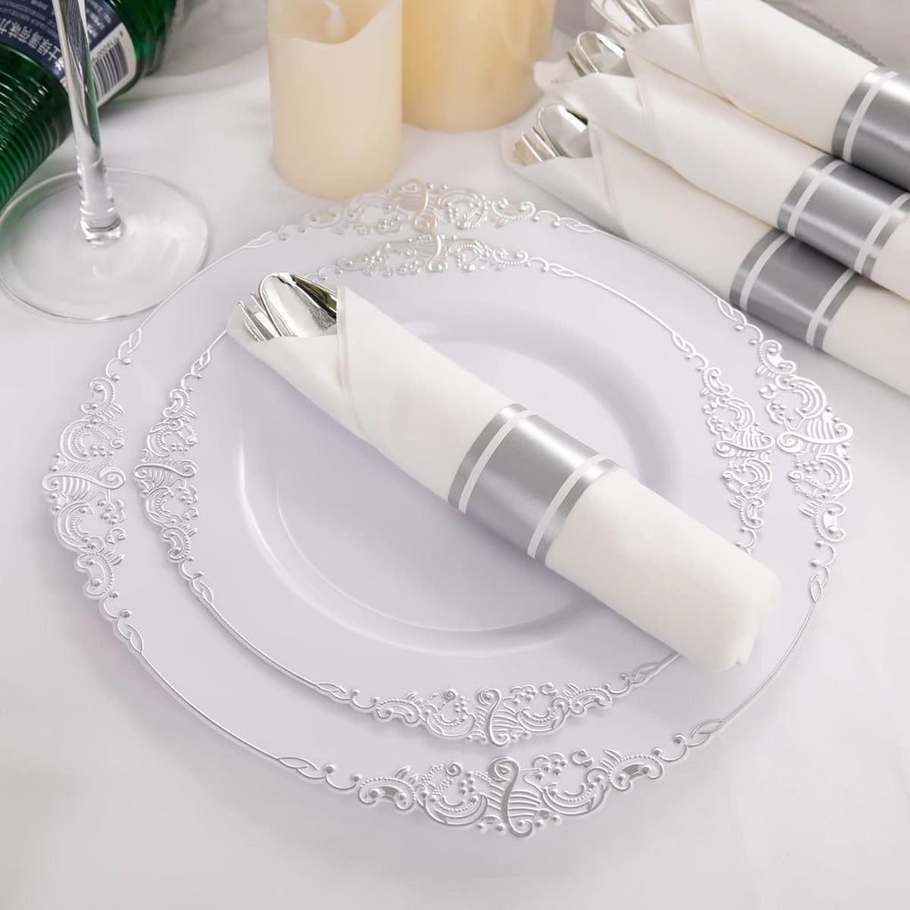 Liacere 350-piece silver plastic dinnerware set for 50 guests includes plates, cups, silverware, and napkins for parties.