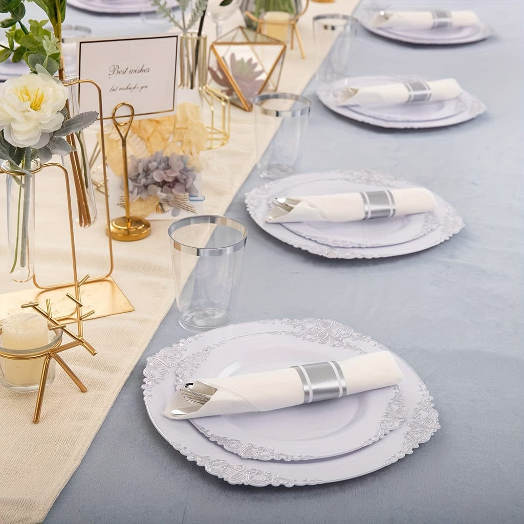 Liacere 350-piece silver plastic dinnerware set with plates, cups, silverware, and napkins for 50 guests, white and disposable.