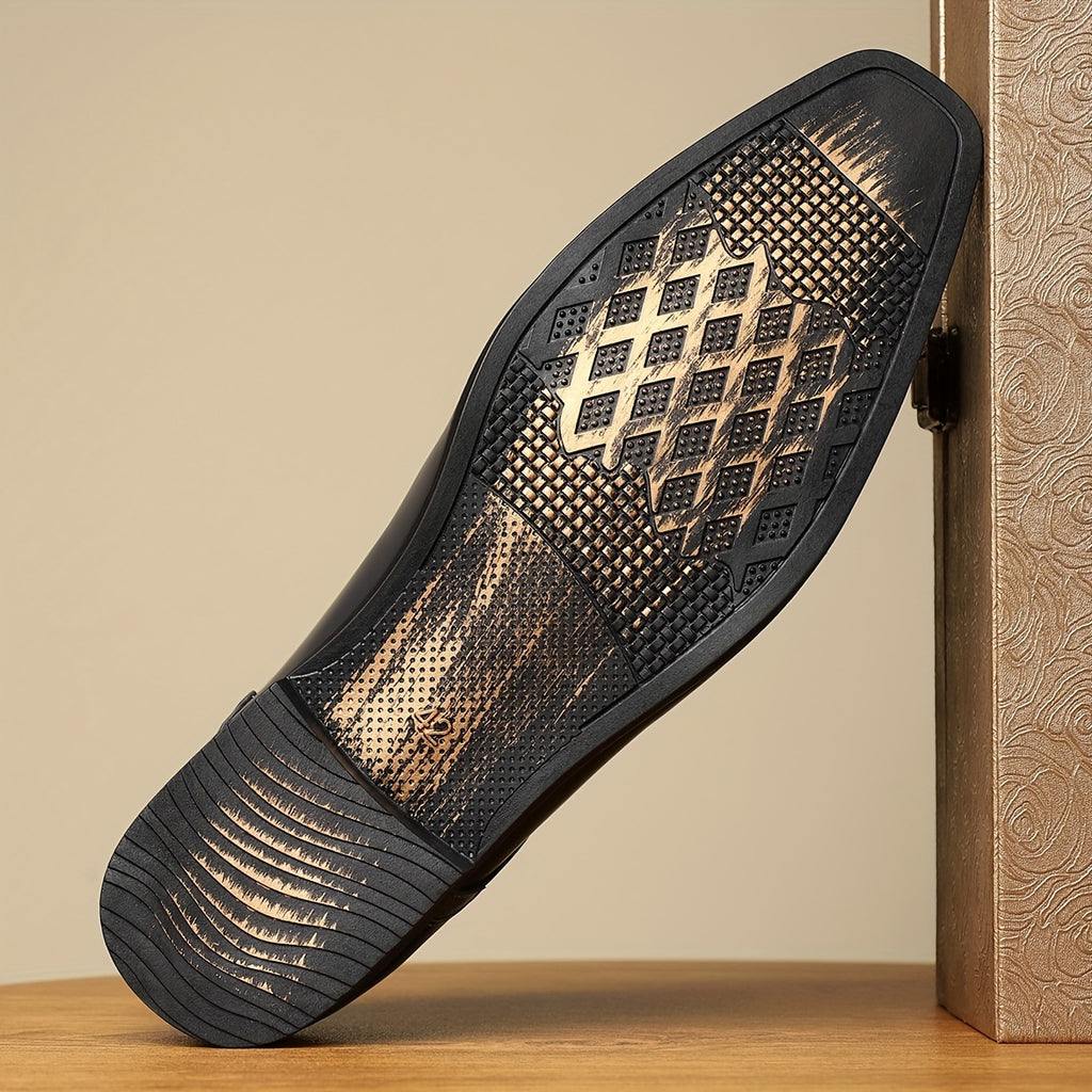 QRL Men's spliced lace-up formal shoes with square toe design, made of PU leather, suitable for casual and formal wear.