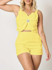 2pcs Outfit 3D Flower Thick Strap Crop Tank And Casual Pocket Design Shorts Set